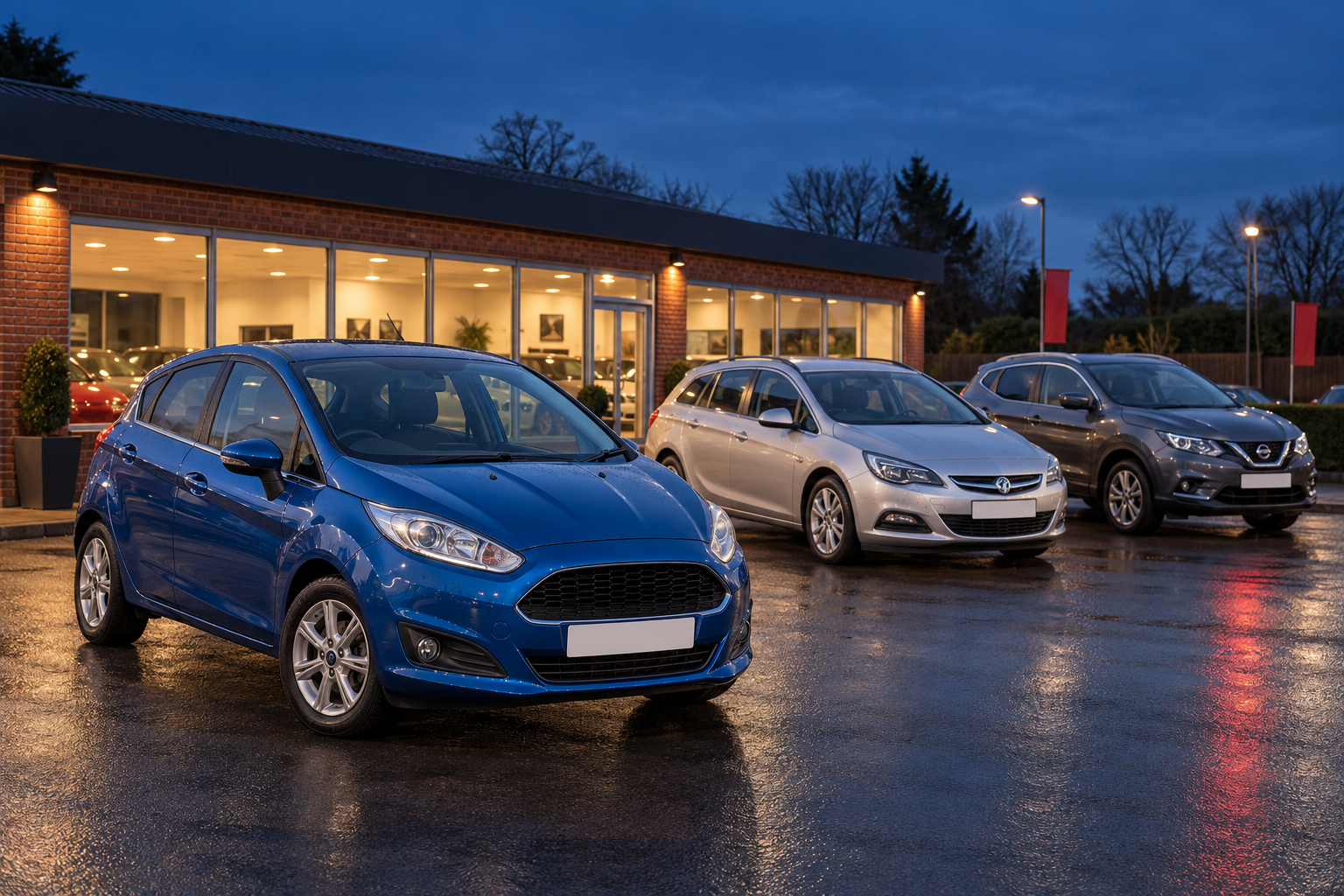 Illustrative local forecourt with an everyday hatchback, family estate and SUV.